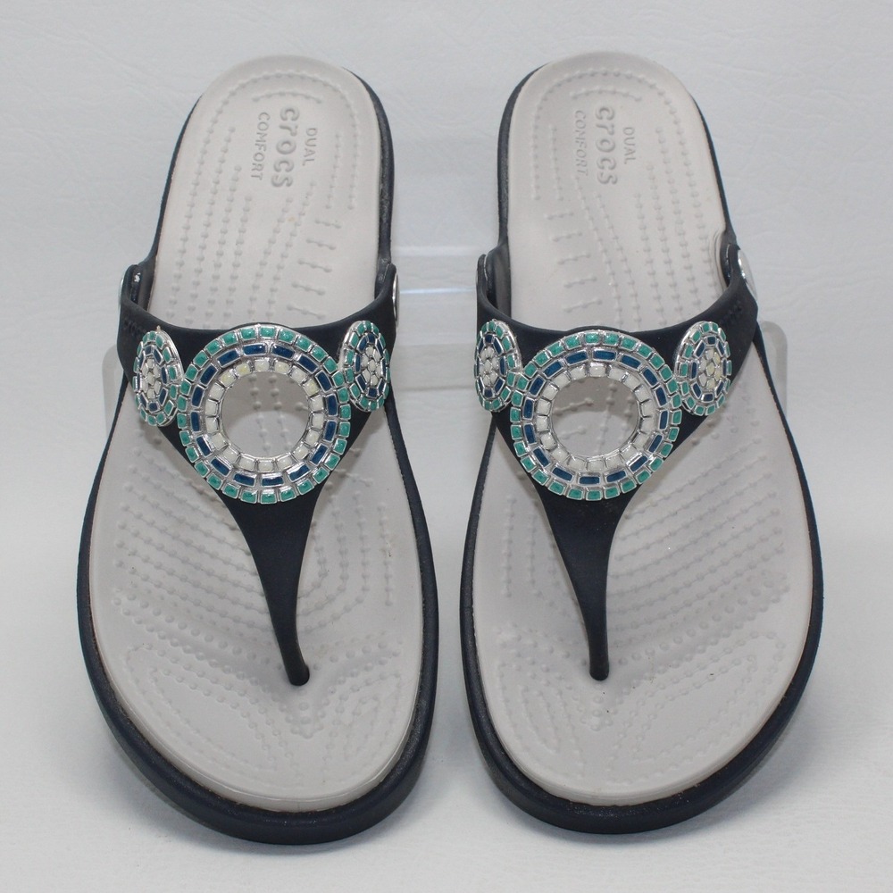 NWOB Crocs Sanrah Embellished Wedge Flip Flops Navy Blue Turquoise Women 8